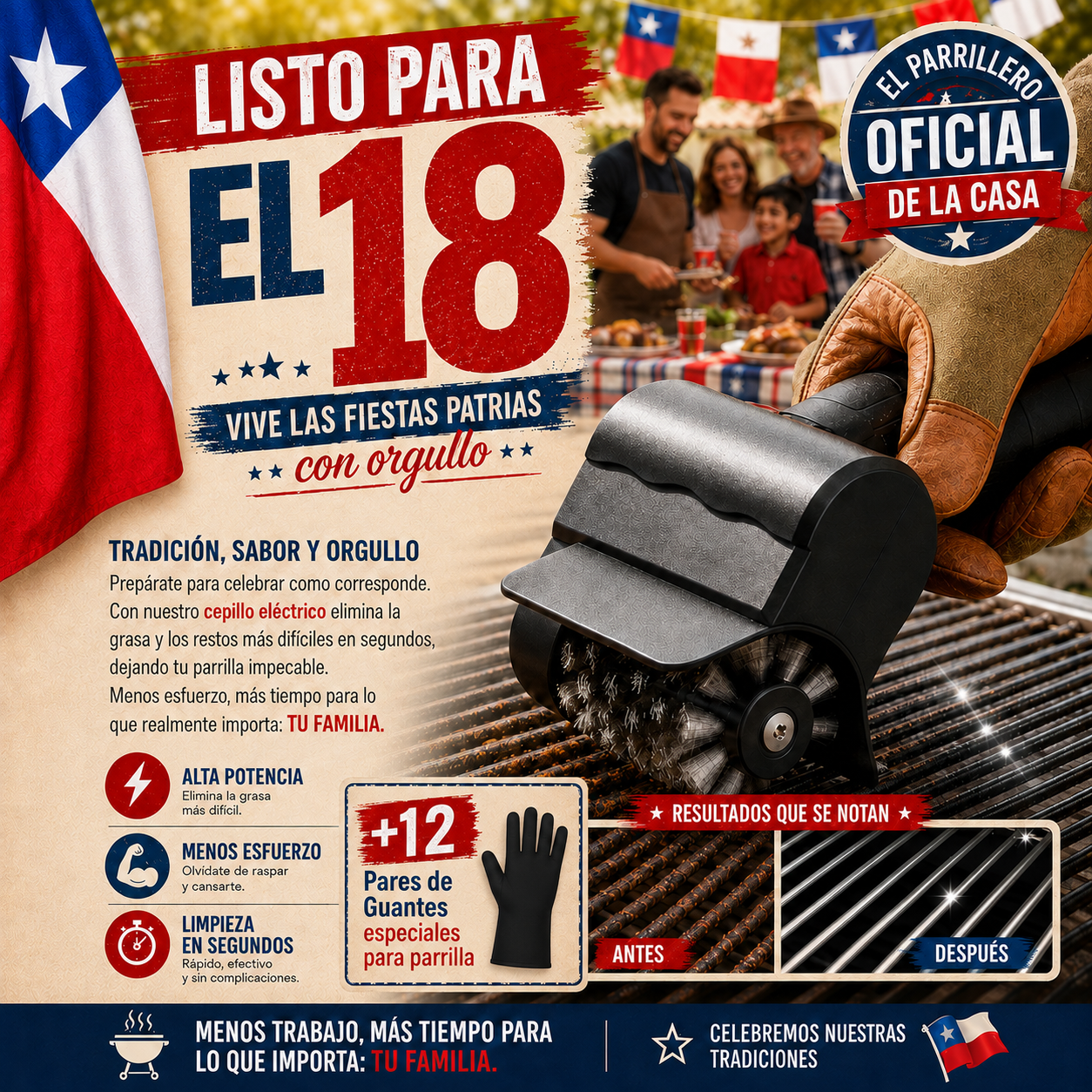 Cepillo Electrico Limpia Parrilla + 12 Pares de Guantes para parrilla